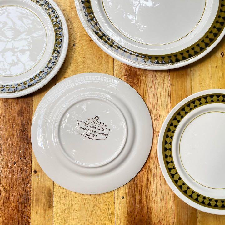 Vintage Mikasa dessert plates + serving plate set (Category: Dinnerware & Cutlery) located in Pasay City. Submitted by colazee (Listing ID 1099283167, Image 3). Description: In excellent vintage condition Vintage Mikasa Mediterrania Dominique with beautiful avocado green diamond borders ♦️ 1 dessert plate sells for $9 on ebay 👀 Dessert plates - 8” Diameter Serving plate - 10.5” Diameter.