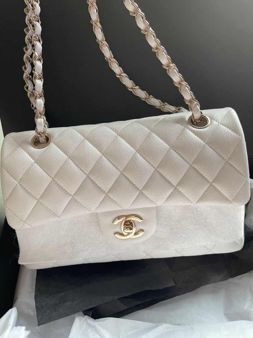 🦄💖 Chanel Small Classic Flap White Caviar LGHW, Luxury, Bags & Wallets on  Carousell