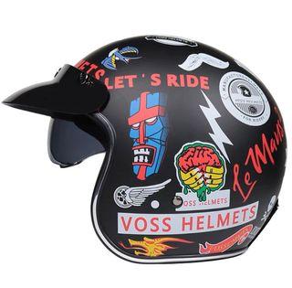 Black with Artwork Colourful Multi Colour with Inner Lens Sun Shade Dual Motorcycle Helmet Open Face Three Button Snap Retro Vintage Cafe Racer Classic Vespa Scooter Harley Davidson Motorbike Bike Leather Gloss Old School