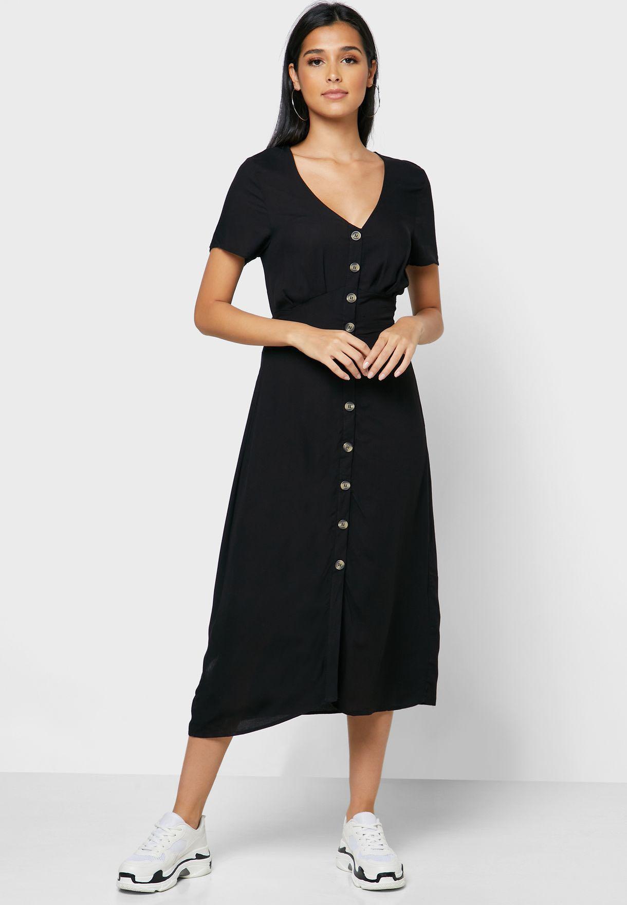 V Neck Black Button Down Midi Dress 
