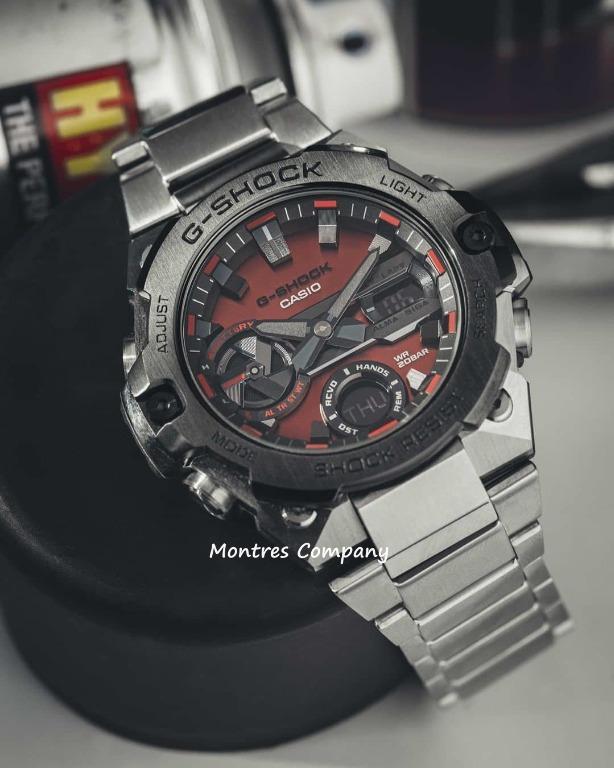 Montres Company 香港註冊公司 28年老店 卡西歐casio G Steel Gsteel 紅黑色不鏽鋼錶帶藍牙藍芽blue Tooth Bluetooth 碳纖維防護太陽能光動能黑色離子鍍ip 超大錶徑