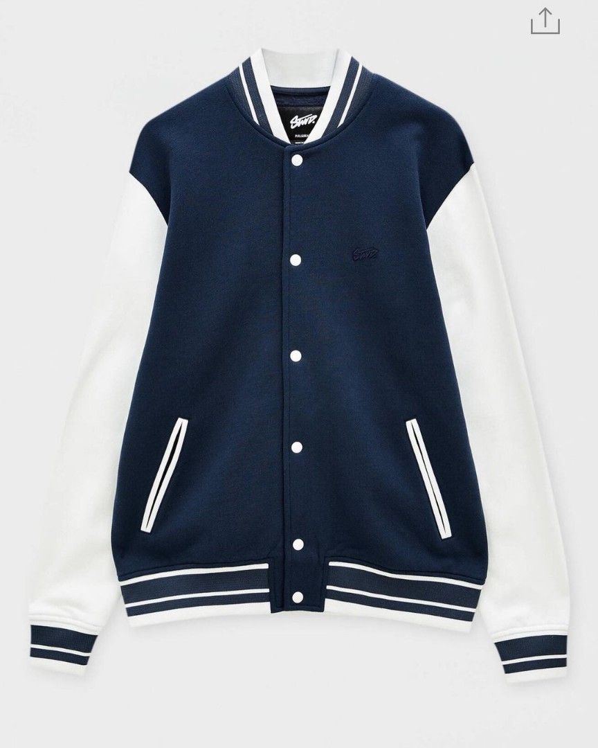 Pull & Bear Varsity Jacket With Contrast Sleeve, Fesyen Pria, Pakaian