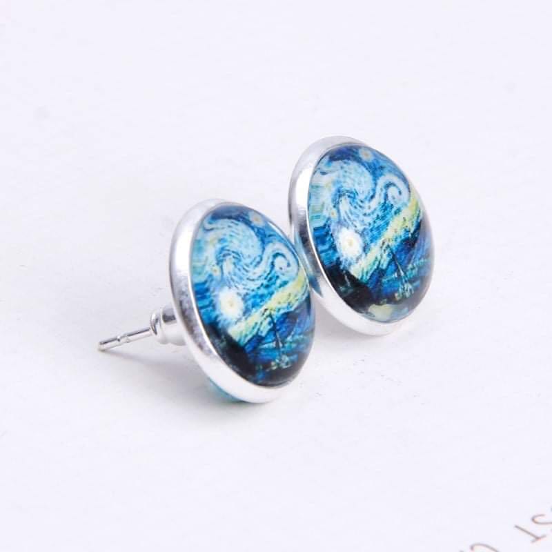 Unique stud earrings. Vincent Van Gogh Starry Night Fine Art in a Round