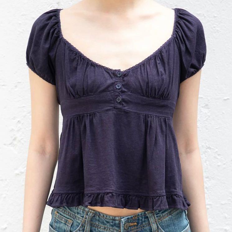 Brandy Melville Dark Navy Blue Puff Sleeves Blair Crop Top Shirt Women S Fashion Tops Shirts On Carousell