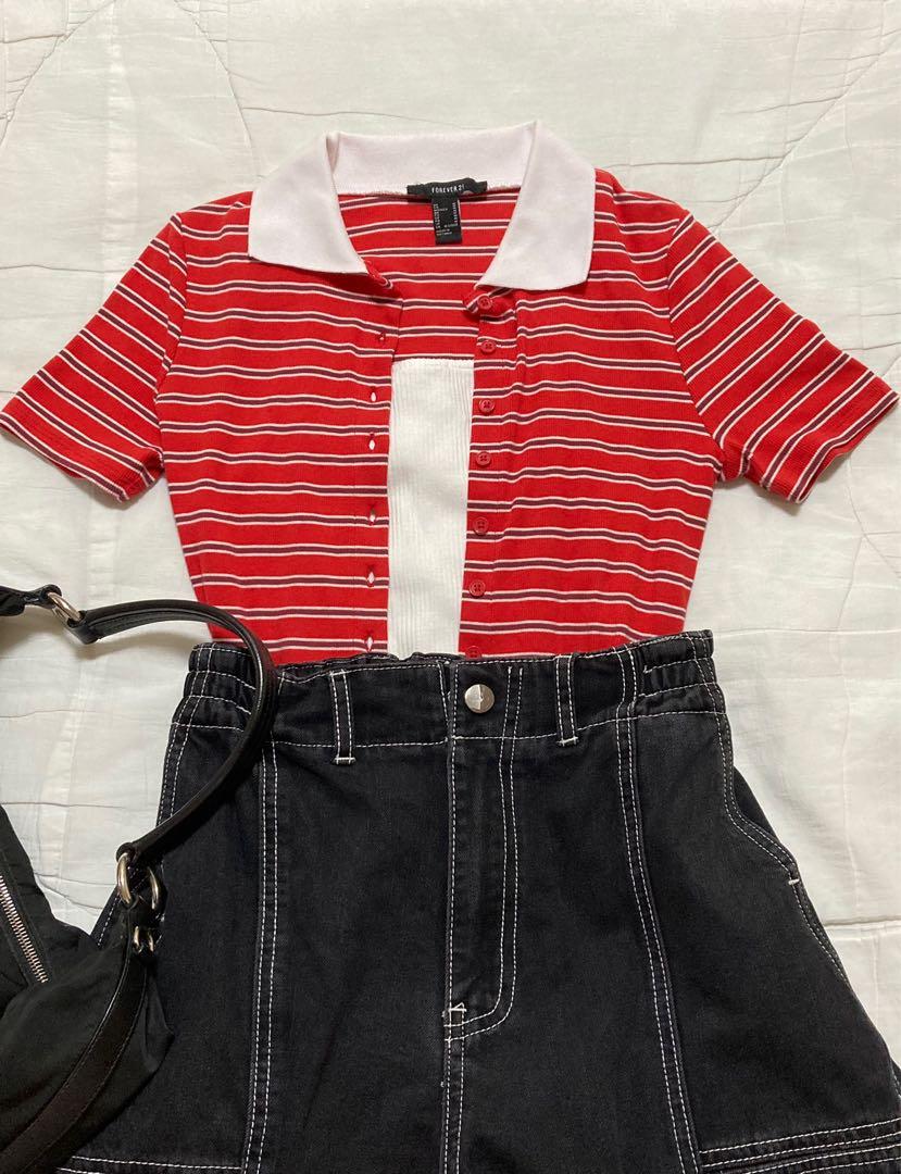 Aesthetic Red Striped Collar Polo Top (Category: Shirts) located in Manila. Submitted by wavey.closet (Listing ID 1099695368, Image 1). Description: Top Description: ✰ preloved ✰ can fit m - l (fitted top) ✰ minor loose threads ✰ nice to wear on its own or paired with a tank top Mode of Payment: ✰ Gcash.