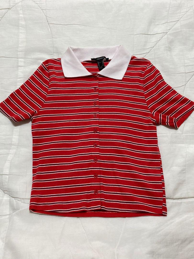 Aesthetic Red Striped Collar Polo Top (Category: Shirts) located in Manila. Submitted by wavey.closet (Listing ID 1099695368, Image 2). Description: Top Description: ✰ preloved ✰ can fit m - l (fitted top) ✰ minor loose threads ✰ nice to wear on its own or paired with a tank top Mode of Payment: ✰ Gcash.