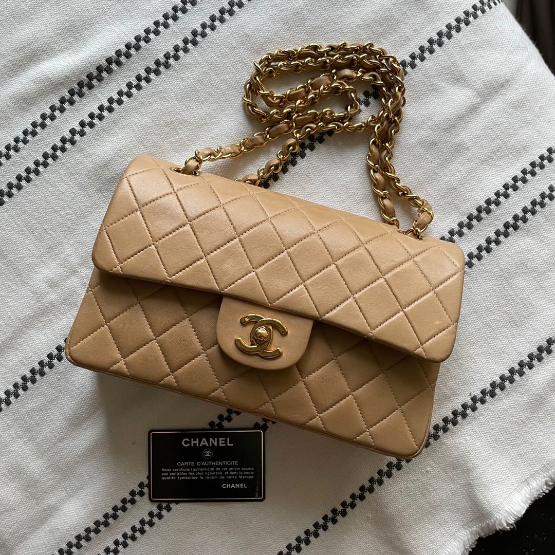 SOLD**AUTHENTIC CHANEL Dark Beige Small 9 Classic Flap Bag 24k