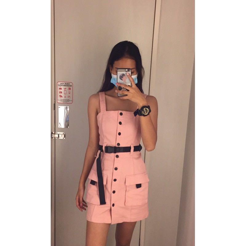 H\u0026M Pink Dungaree Jumper Dress, Women's 