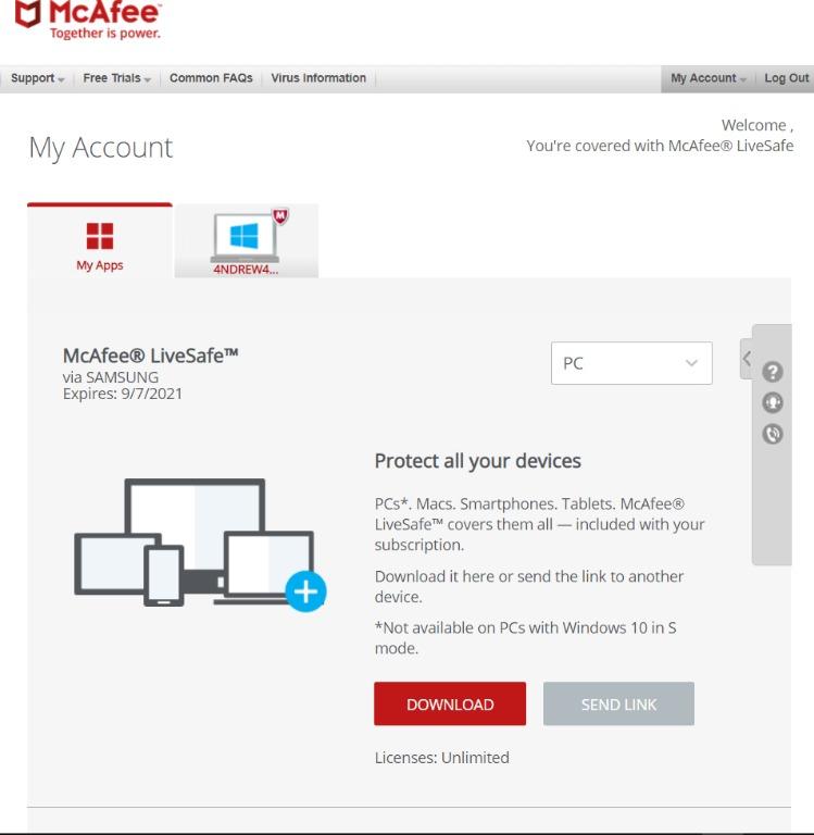 McAfee LiveSafe Antivirus 2 months UNLIMITED DEVICES (Andriod ...
