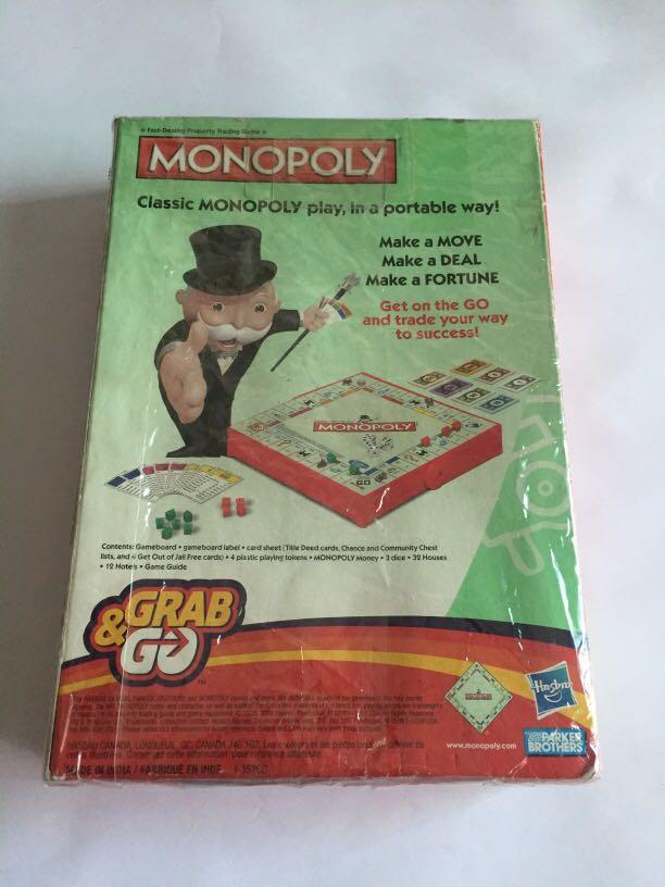 Monopoly Grab & Go (Category: Board Games & Puzzles) located in Pasay City. Submitted by redgiftshop (Listing ID 1099560203, Image 2). Description: Age : 8+ 2-4 players or Family Contents: Gemeboard, gameboard label , card sheet, Monopoly Money 3 dice, 32 Houses , 12 Hotels, Game guide direct bought in US product code: Victoria .