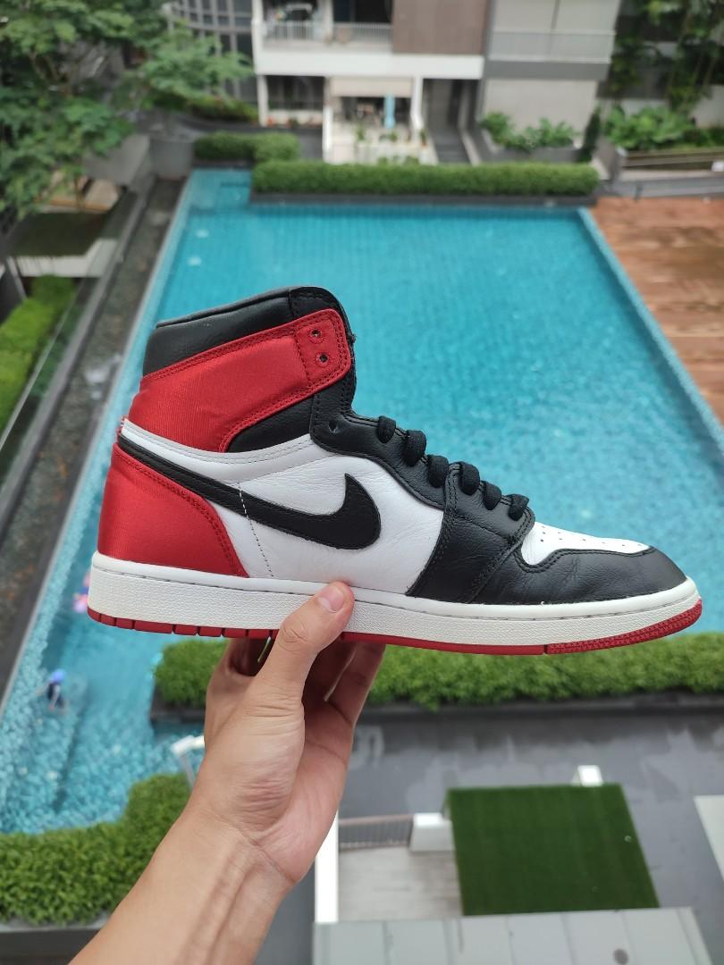 Jordan 1 satin black toe on feet store