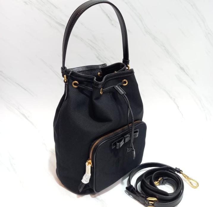 Prada 1BH097 bucket drawstring jacquard black Barang Mewah Tas