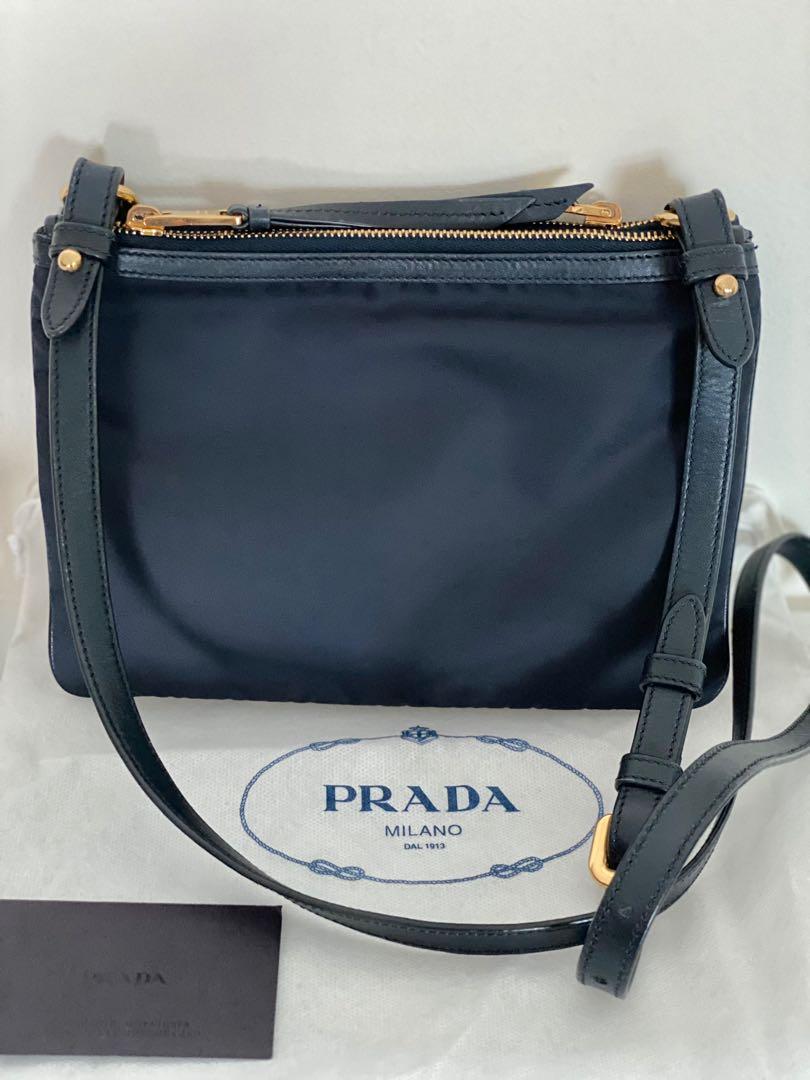 Prada Tessuto Nylon Blue Double Zip Calf Leather Crossbody Bag 1BH046:  Handbags