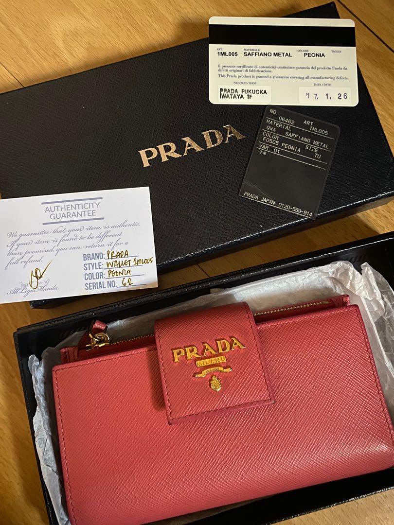 Prada Tri-fold Saffiano Leather Wallet 1ML005 (Category: Luxury Bags & Wallets) located in Quezon City. Submitted by nicolekmn (Listing ID 1099522411, Image 1). Description: Prada Saffiano Leather Wallet -comes with box, cards, tag, and All Legit Manila Authentication -bought this off All Legit Manila they get their items from Japan -brandnew is €580 or 35K pesos (check the prada website) -color: Peony - Condition: 8/10 Great condition almost lik