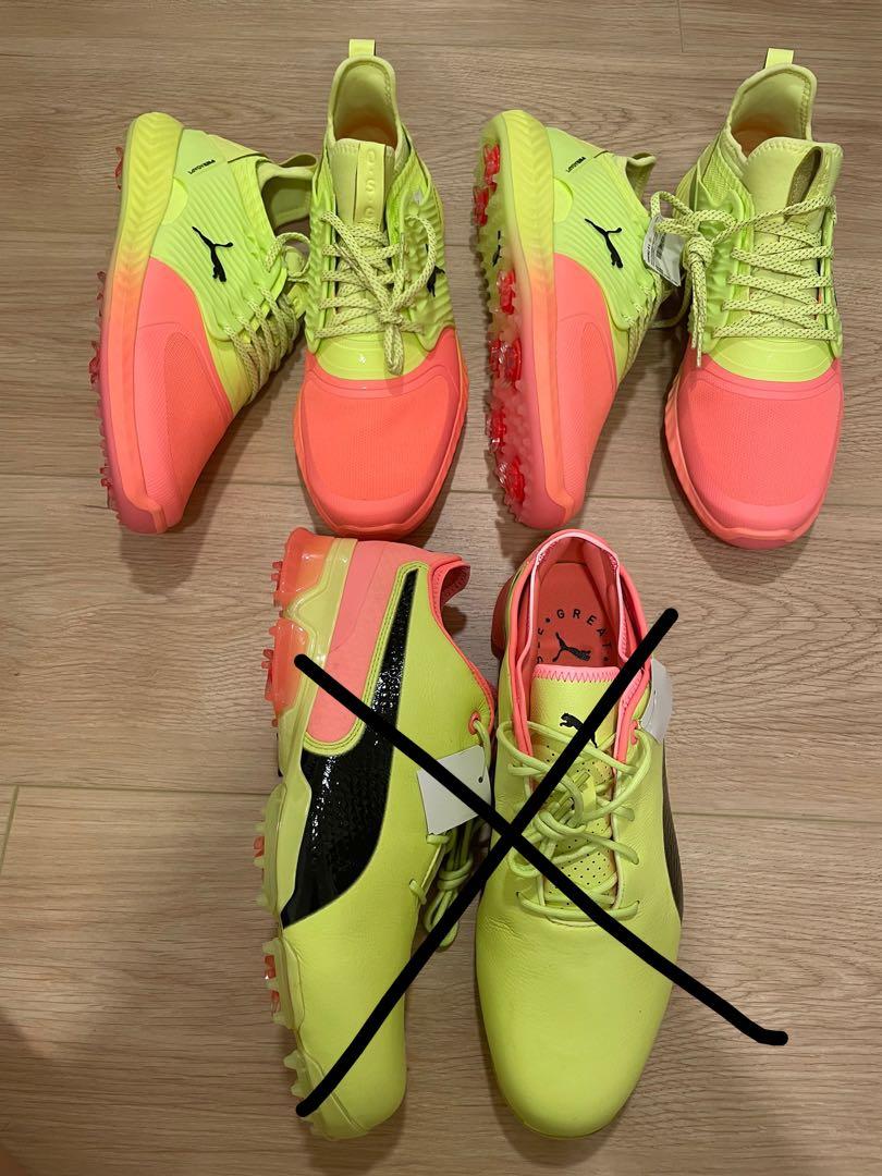 Pink and yellow 2025 puma golf shoes