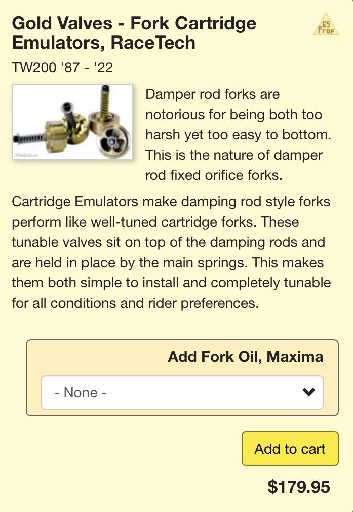 RaceTech Fork Cartridge Emulators TW200, Motorcycles, Motorcycle