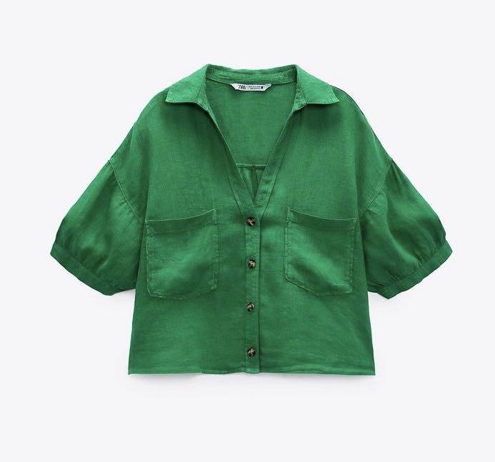 Zara Green Cropped Linen Shirt - Brand New, Women's Fashion, Tops, Blouses  on Carousell