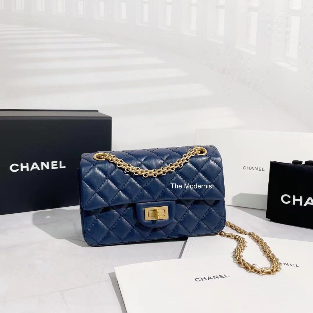 Authentic Chanel Mini 2.55 Reissue 224 Navy Blue Aged Calf Gold
