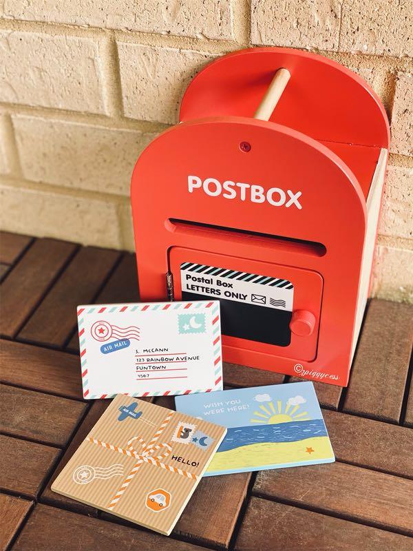BNIB Wooden Toys Pretend Play Post Box with Postcards Set