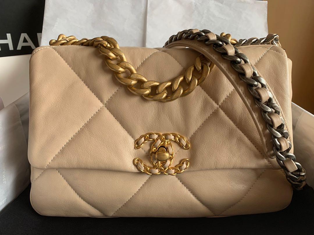 CHANEL Lambskin Quilted Large Chanel 19 Flap Light Beige 1249392
