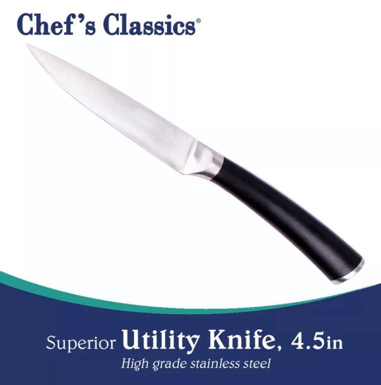 CHEF'S CLASSICS Utility Knife, 4.5in (Category: Knives & Chopping Boards) located in Quezon City. Submitted by abubotmanila (Listing ID 1104409077, Image 1). Description: SRP- 449.75 The Chef's Classics Superior series are non-staining stainless steel knives that resists rust, corrosion, and discoloration. Precision made for strength and durability. The razor-sharp edge makes cutting and chopping a breeze, and is easy to maintain..