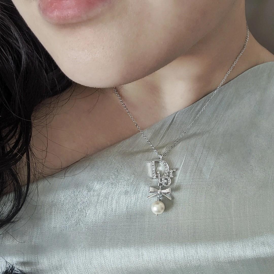 Dior Oblique Logo Drop Bow+Pearl Necklace with Swarovski Crystals, Luxury,  Accessories on Carousell
