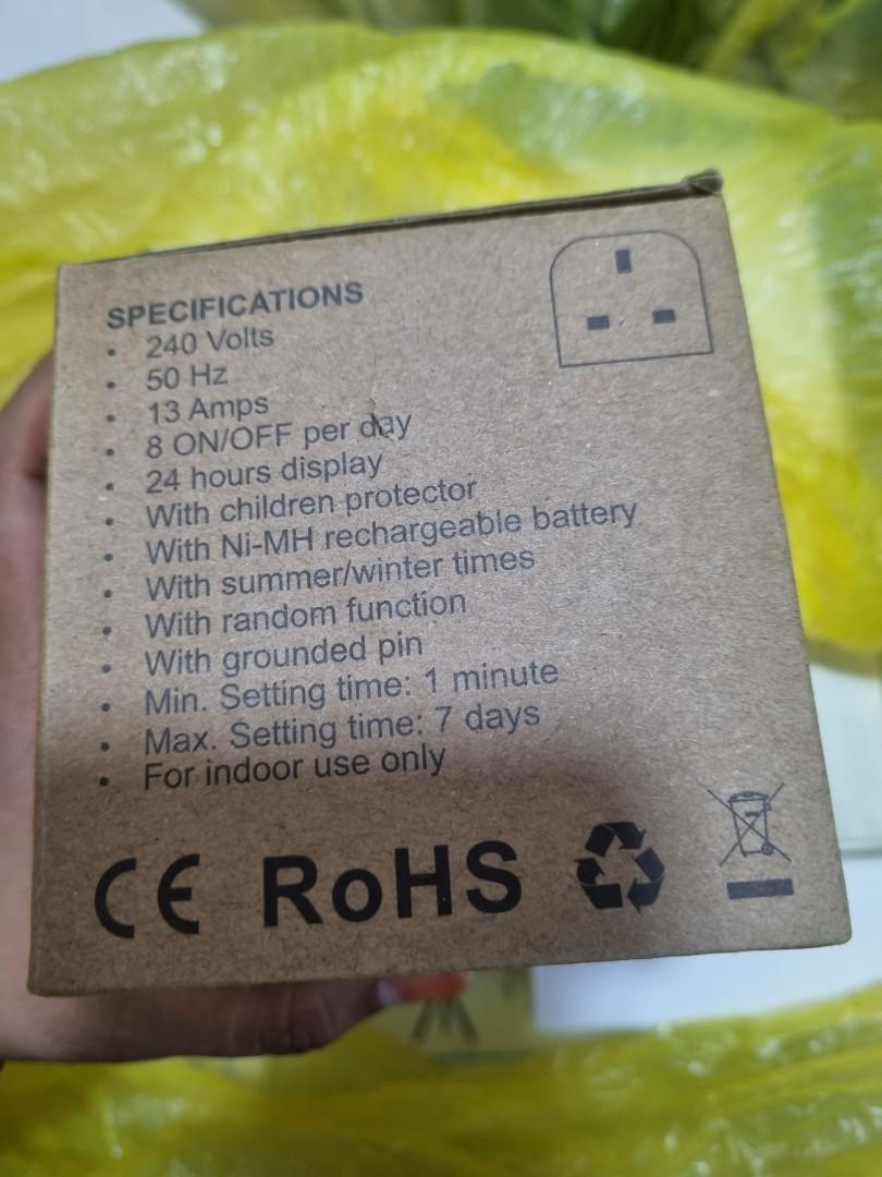 Energy Saving Plug Timer Switch (Category: Electrical, Adaptors & Sockets) located in Singapore. Submitted by Owlet (Listing ID 1104438823, Image 2). Description: Spec : 240 V 13 A 8 On/Off per day 24hr Display Children protector Its Multipurpose; used for controlling lighting, AC , Fan, humidifier..etc Easy to Use..Safety & Energy Saving Its 2-pack.