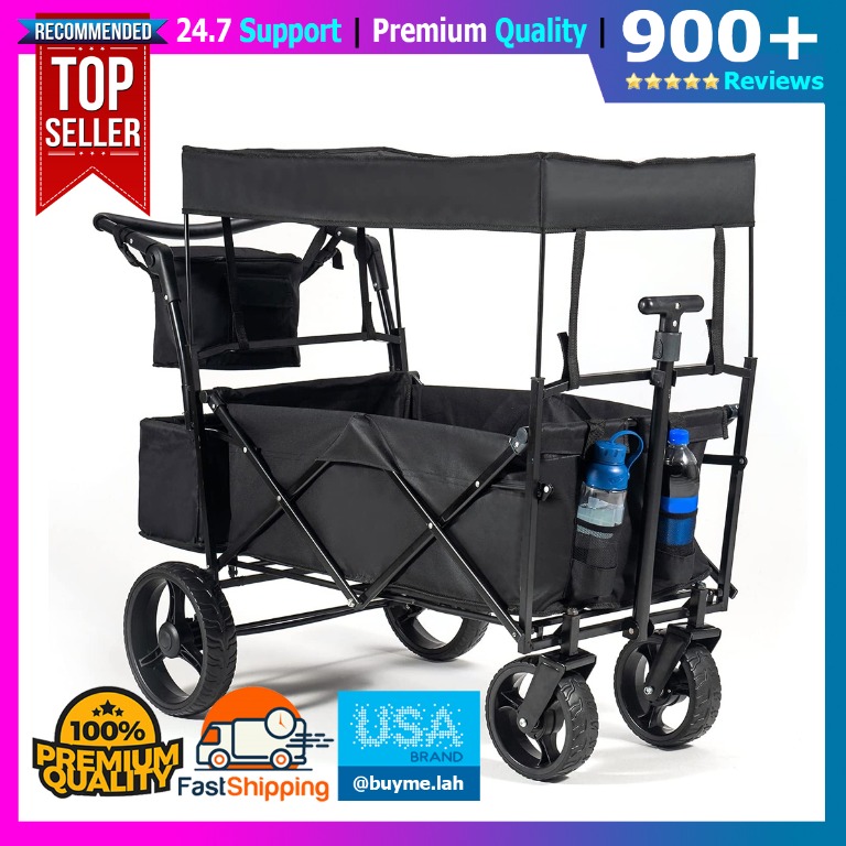 PA Collapsible Folding Wagon Foldable Outdoor Beach Shopping Garden Cart with Wheels Push Or Pull Red Large