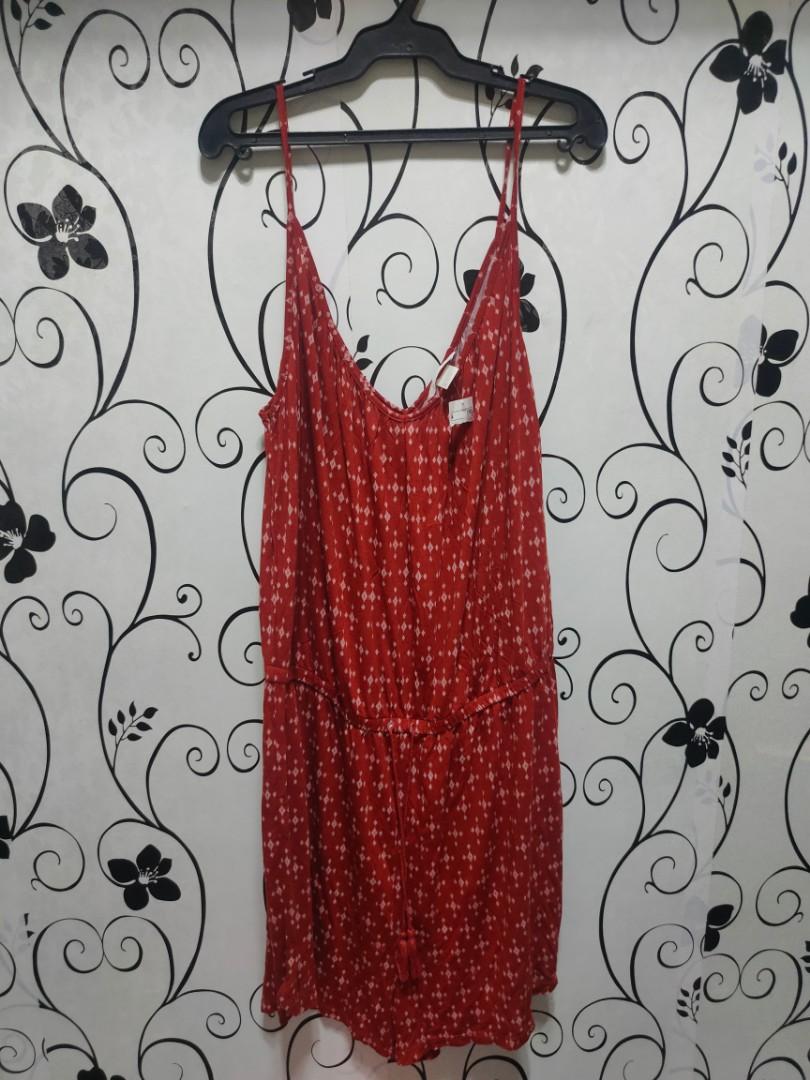 Red orange H&M robed romper (Category: Rompers) located in Quezon City. Submitted by _apparels_ (Listing ID 1104335065, Image 1). Description: Length - 35 inches Brand new with tag - never used Fits Large body frame Model's height is 5"3 for reference.