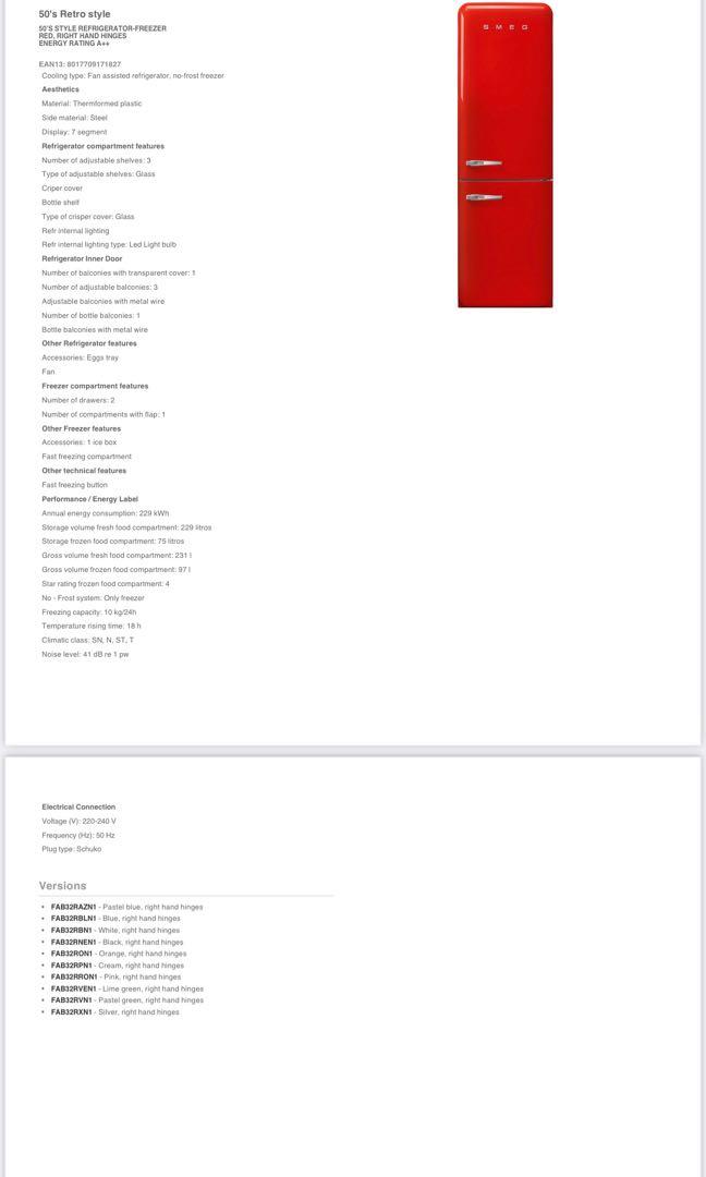 SMEG Fridge FAB32, TV & Home Appliances, Kitchen Appliances