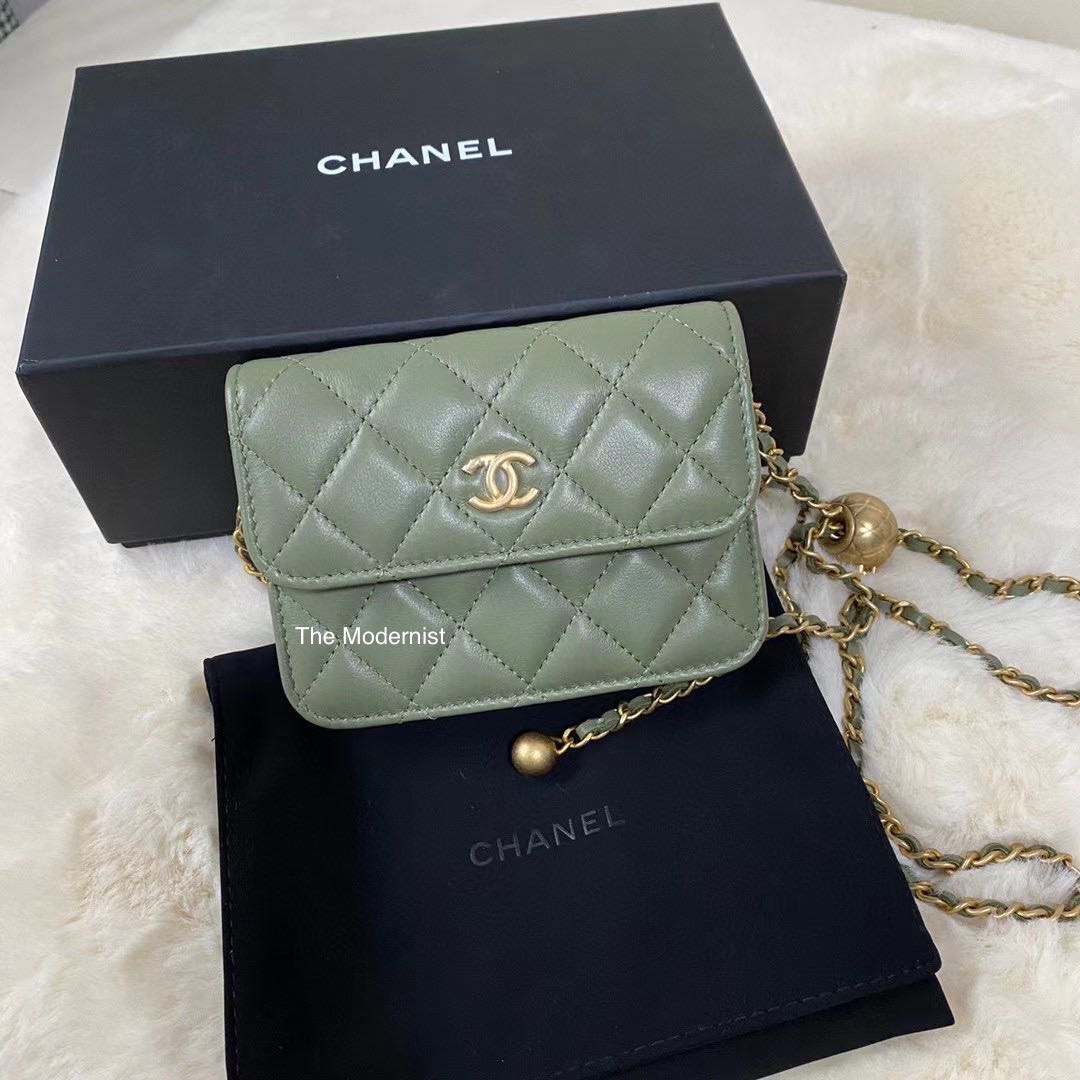 Authentic Chanel Gold Pearl Crush Chain Belt Bag 21B Green, Luxury