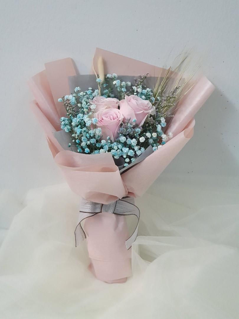 Birthday |Pink Rose Blue Baby'S Breath Fresh Flowers Bouquet, Hobbies &  Toys, Stationery & Craft, Flowers & Bouquets On Carousell