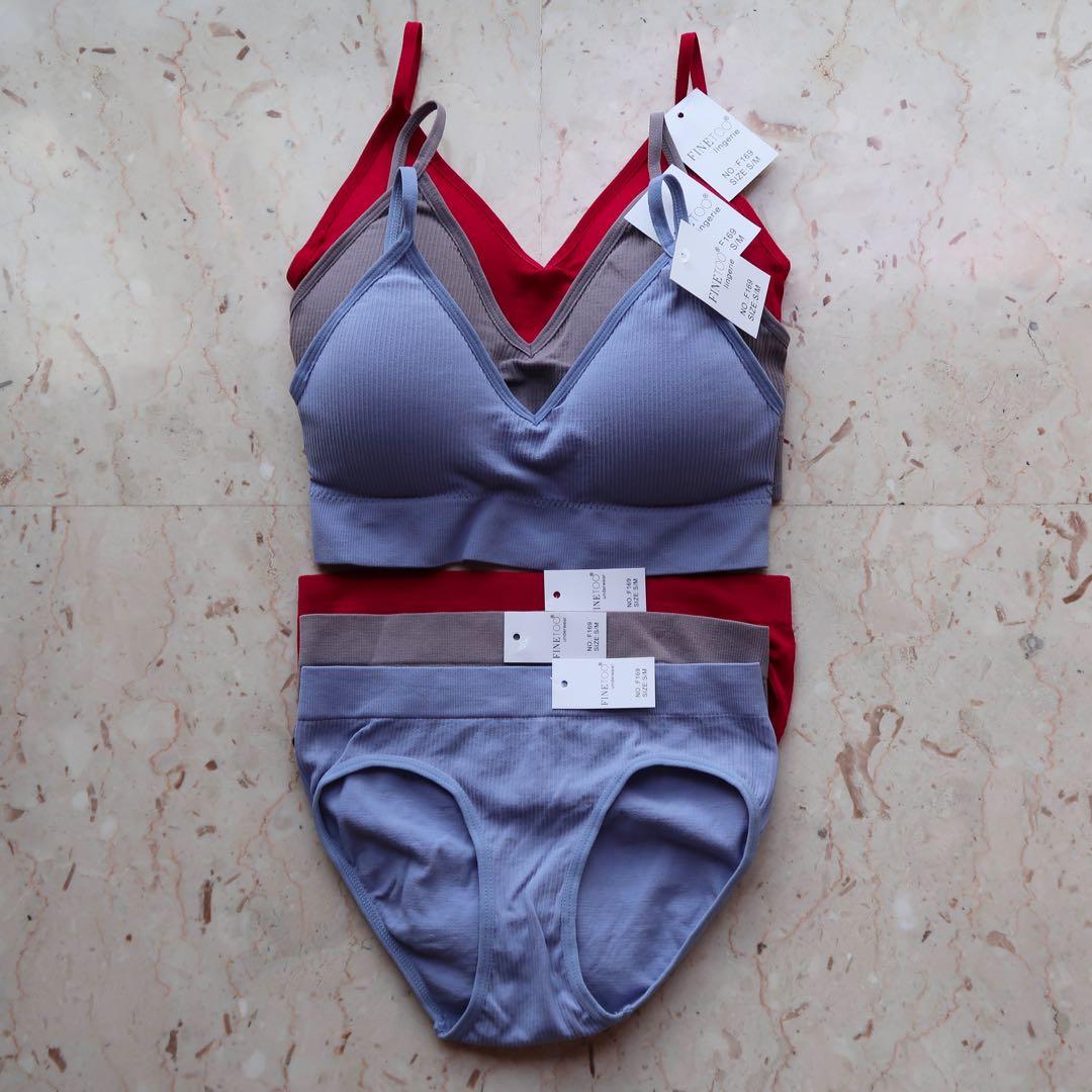 FineToo Seamless Ribbed Bra & Panties Set (Padded), Women's