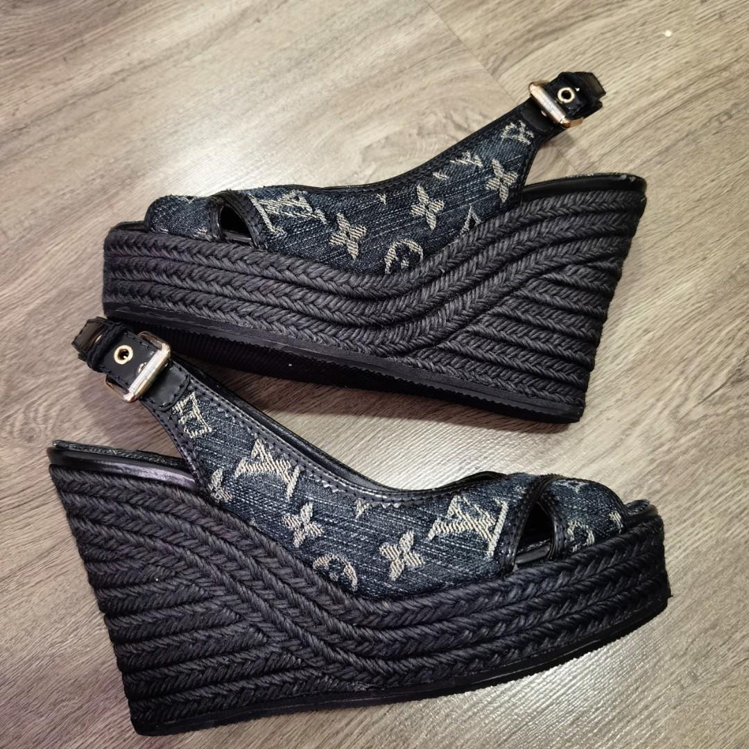 Louis Vuitton Leather and Monogram Denim Espadrilles Wedge Sandals