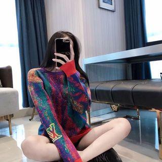 LV sweater fashion contrast color tie-dye process gradient color colorful knitted sweater men and women the same style jacquard long-sleeved shirt