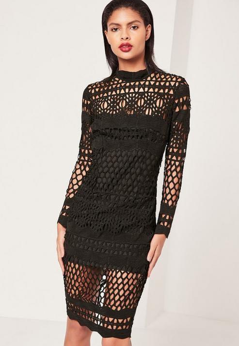 Missguided Black Lace High Neck Midi Dress