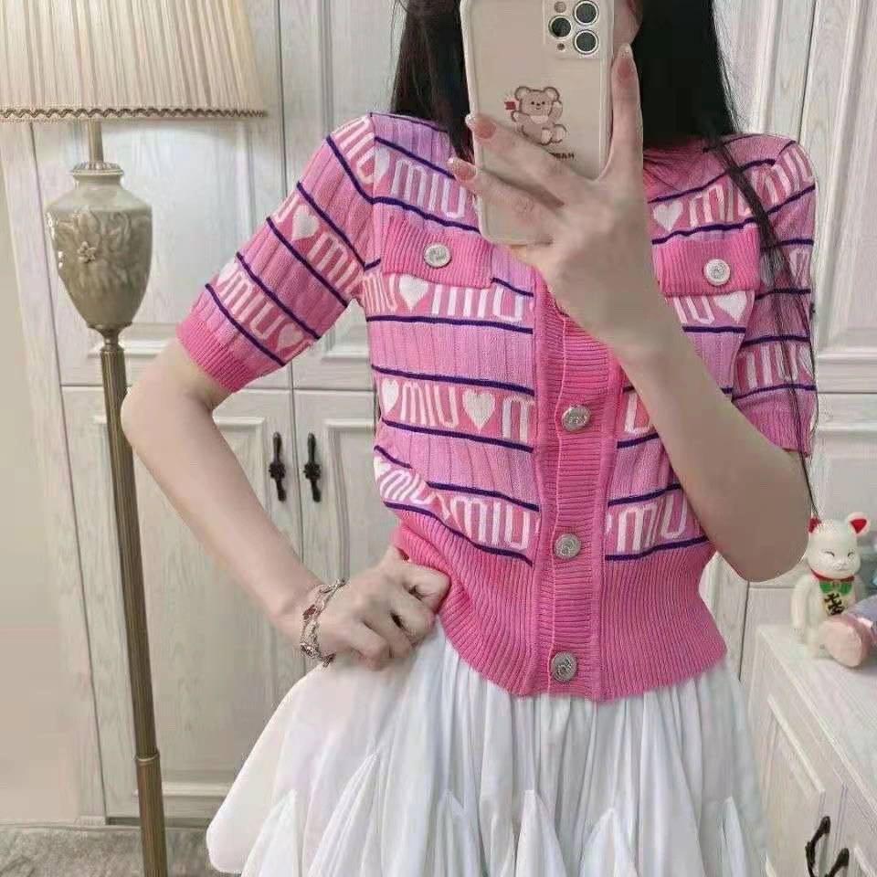 MIUMIU women s fashion stitching striped letter printing short sleeved sweater girl cardigan top