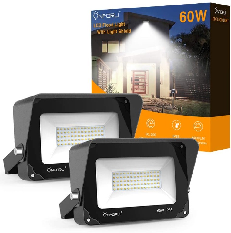 Onforu Pack 60W LED FloodLight with Light Shield, 6000lm Super Bright Security  Lights, IP66 Waterproof Outdoor Flood Light, 5000K Daylight White, Wall  Lights for Yard, Garden, Playground, Patio [Energy Class A++],