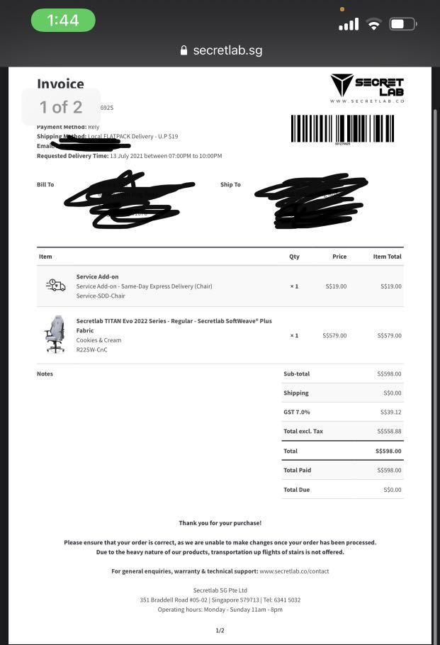 Secretlab invoice online