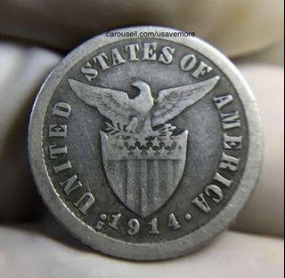 Short Bar  1914s Uspi 10c Silver Coin