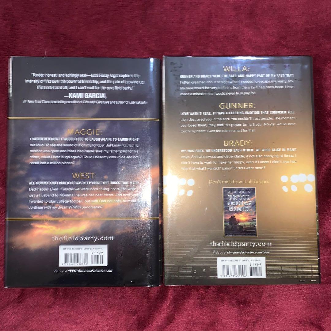 The Field Party #1-2 by Abbi Glines (Category: Storybooks) located in Quezon City. Submitted by dmnqarch (Listing ID 1106227099, Image 2). Description: Great condition, no marks or tears. Read the ebooks so these books were only ever shelved, each book has plastic cover. Hardcover / Hardbound. Last price. #1 Until Friday Night #2 Under the Lights.