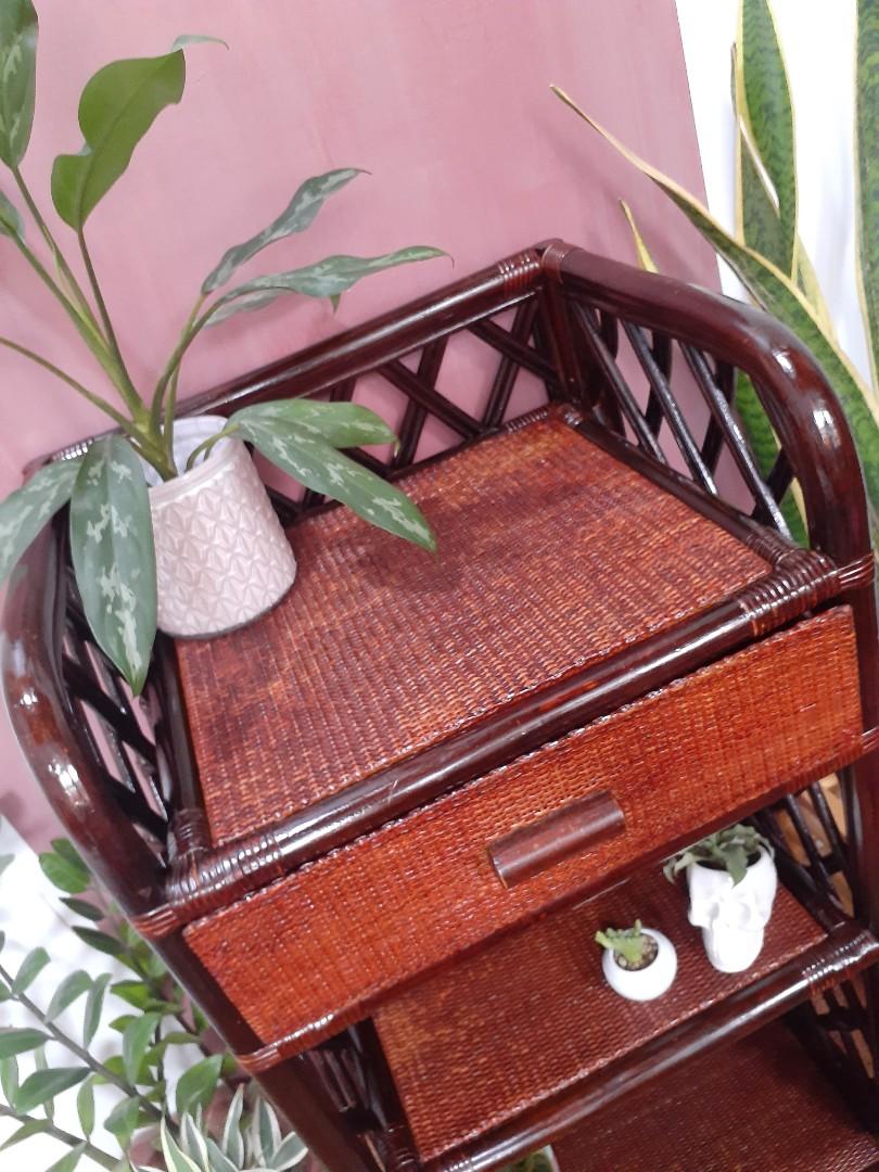 Vintage rustic rattan drawer shelf farmhouse cottagecore, Furniture