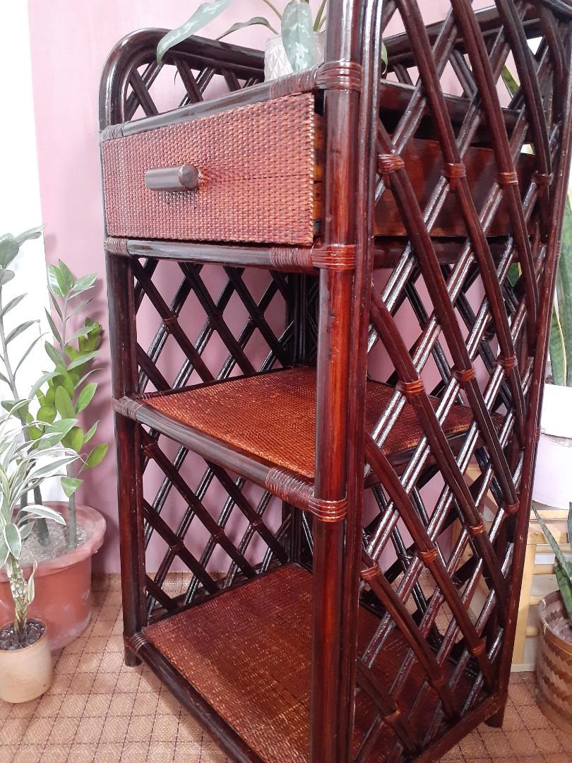 Vintage rustic rattan drawer shelf farmhouse cottagecore, Furniture
