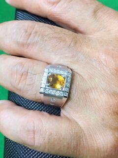 天然黃寶石+天然鑽石純18K金寬版華麗紳士品味男戒指