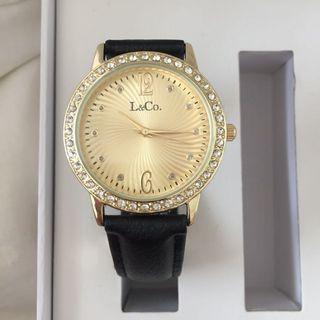 日本精品 🇯🇵 L&Co. 手錶 黑色 鑽石 質感 女錶 金色螺紋