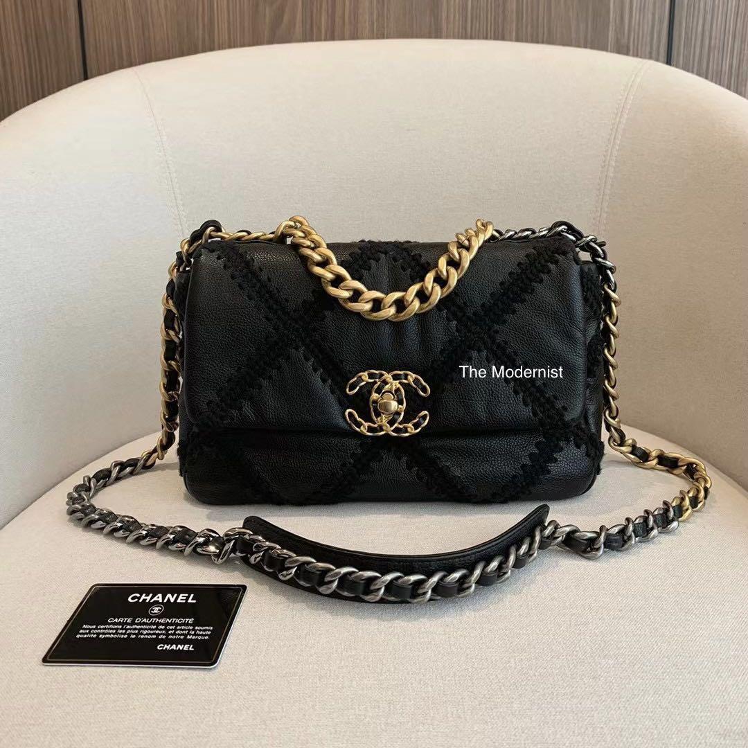 Authentic Chanel Calfskin Crochet Black Small 19 Flap Bag