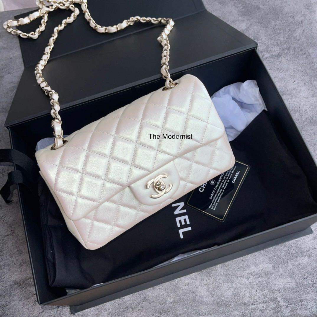 Authentic Chanel Mini Rectangular Flap Bag White Iridescent Calfskin Light  Gold Hardware A69900 B05462 10601, Luxury, Bags & Wallets on Carousell