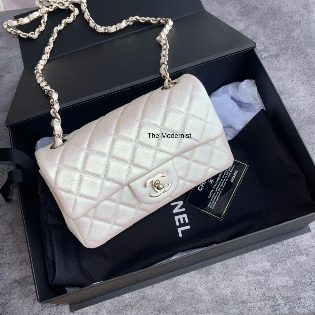 Authentic Chanel Mini Rectangular Flap Bag White Iridescent Calfskin Light Gold Hardware A69900 B05462 10601