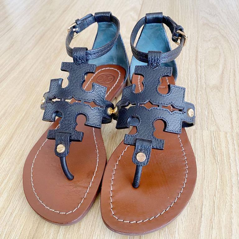 Authentic TORY BURCH Black Pebbled Leather Phoebe Flats Sandals Size 5