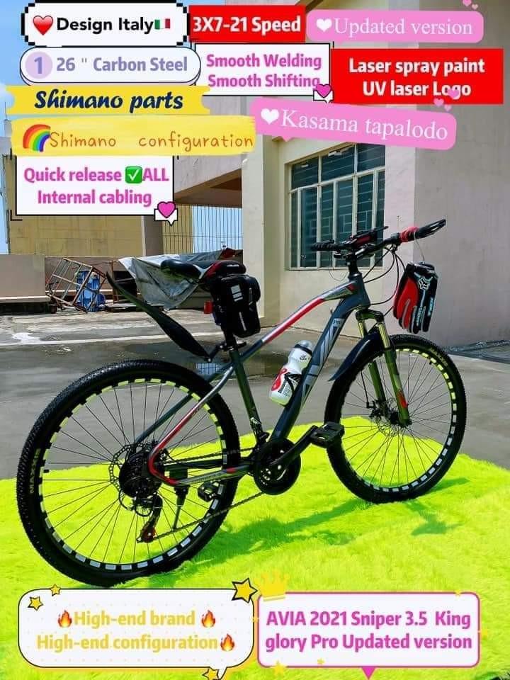 AVIA 2021 Sniper 3.5 King glory Pro Updated version (Category: Bicycles) located in Manila. Submitted by saguittarian06 (Listing ID 1106583818, Image 1). Description: R E S T O C K Php—4300 Design Italy🇮🇹🇮🇹🇮🇹 AVIA 2021 Sniper 3.5 King glory Pro Updated version 🔥Mas manganda good quality AVIA dolphin MTB STEEL26er ✅SPECIFICATIONS 💯SHIMANO PARTS 👆Shimano configuration🔥 ✅All Internal cabling ✅ STEEL FRAME PRINTED ✅ALLOY STEM ✅ALLOY RIM AND